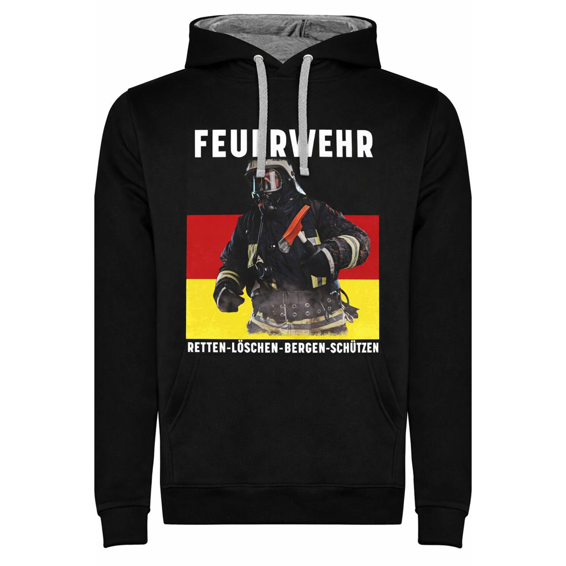 Feuerwehr Hoodie Schwarz<Retten löschen Bergen schützen>
