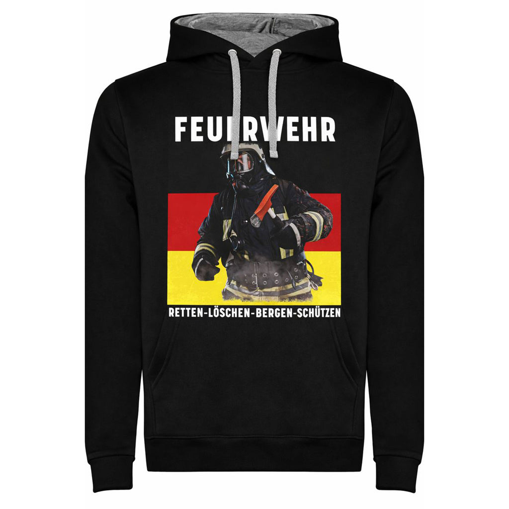 Feuerwehr Hoodie Schwarz<Retten löschen Bergen schützen>
