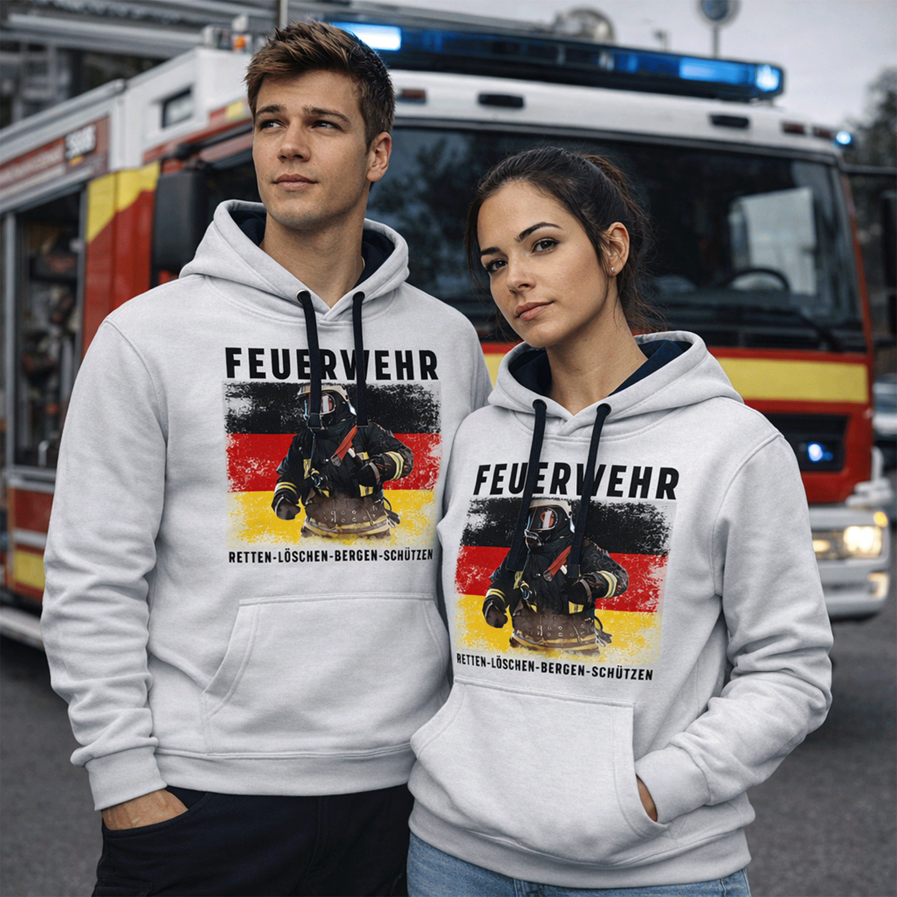 Feuerwehr Hoodie Weiß<Retten löschen Bergen schützen>