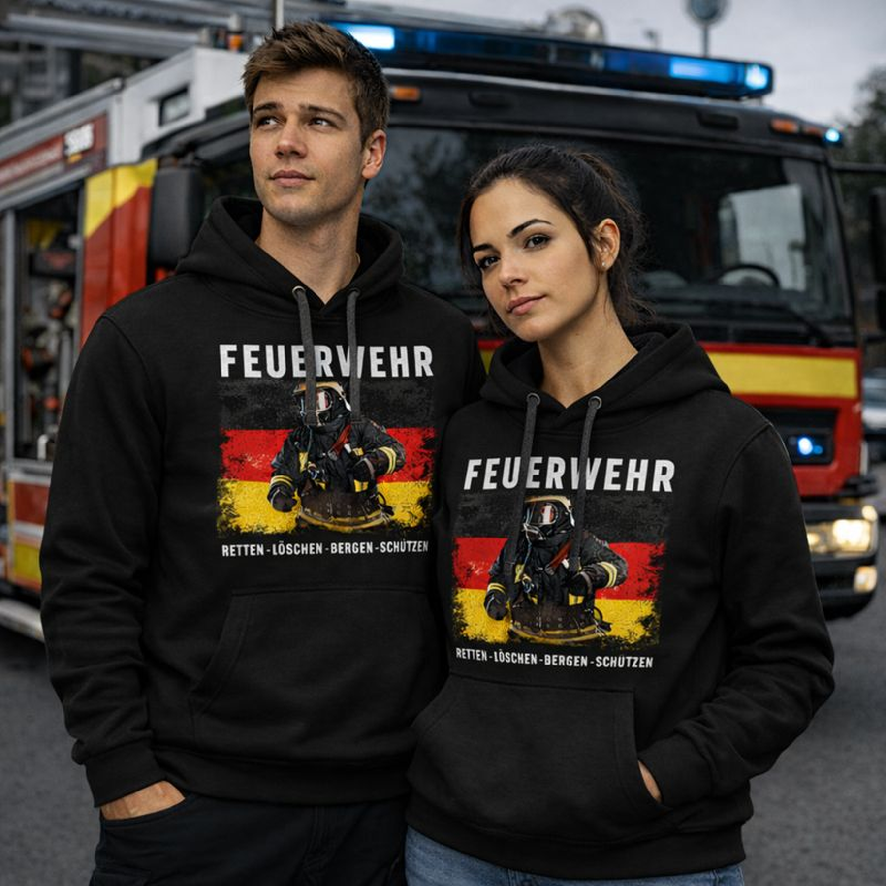 Feuerwehr Hoodie Schwarz<Retten löschen Bergen schützen>