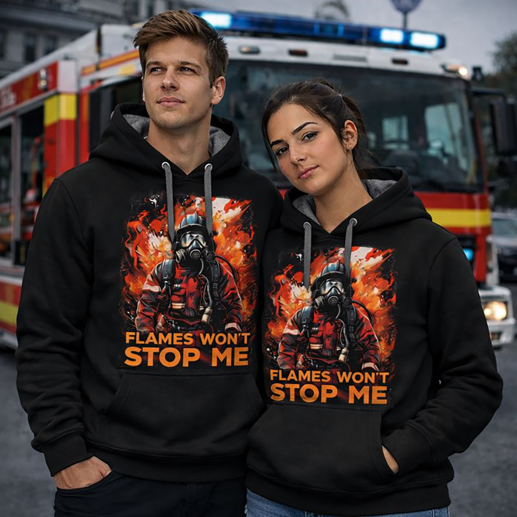 Feuerwehr Hoodie Schwarz<Flames Wont Stop Me>