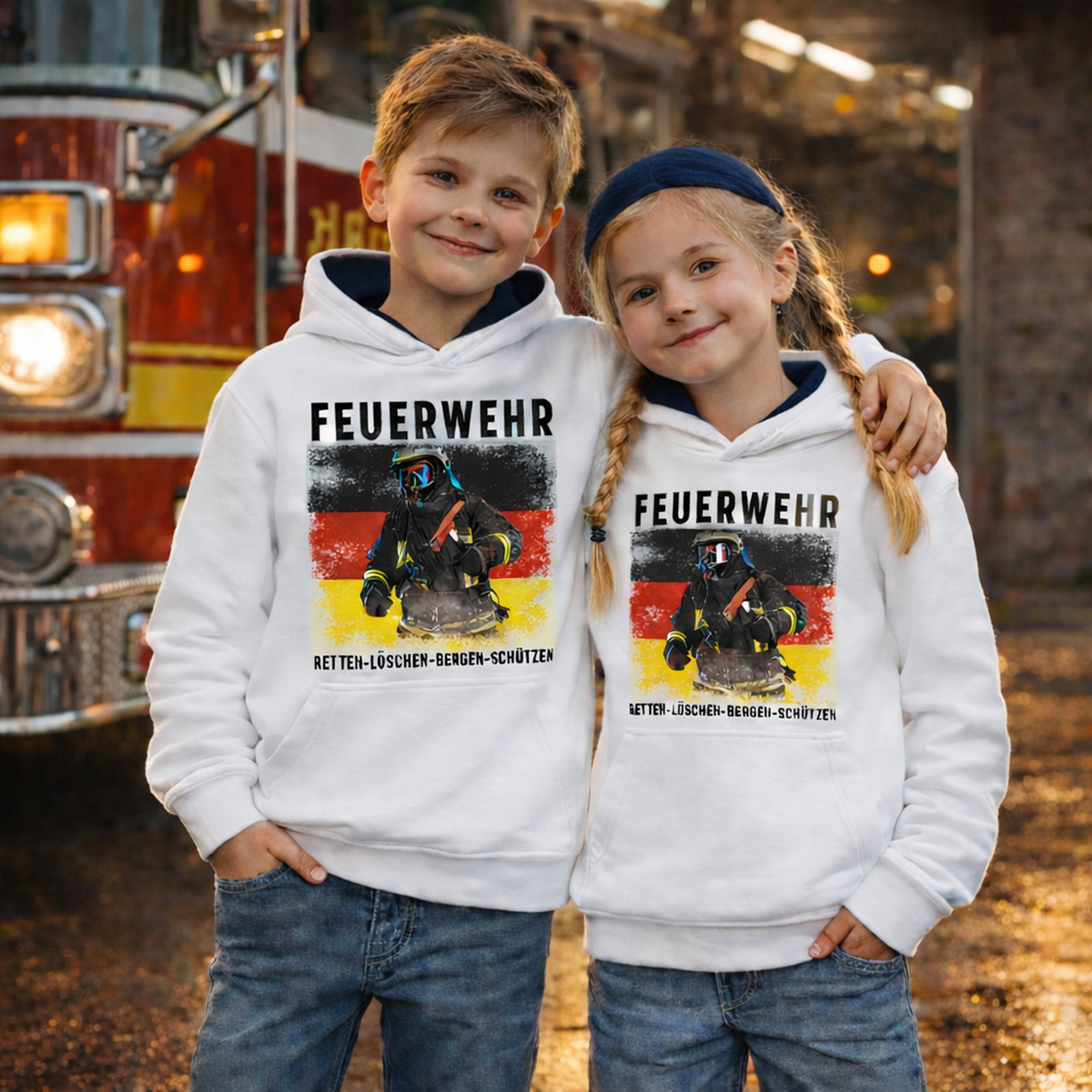 Feuerwehr Hoodie Weiß Kids<Retten löschen Bergen schützen>