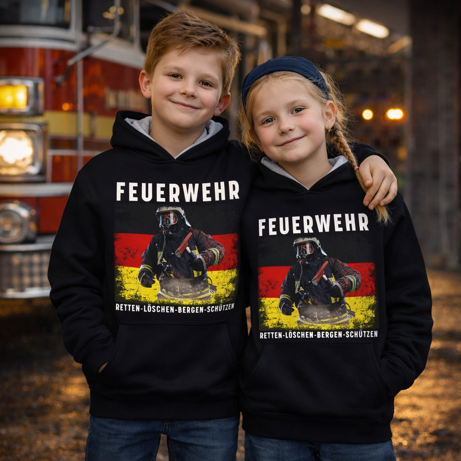 Feuerwehr Hoodie Black Kids<Retten löschen Bergen schützen>