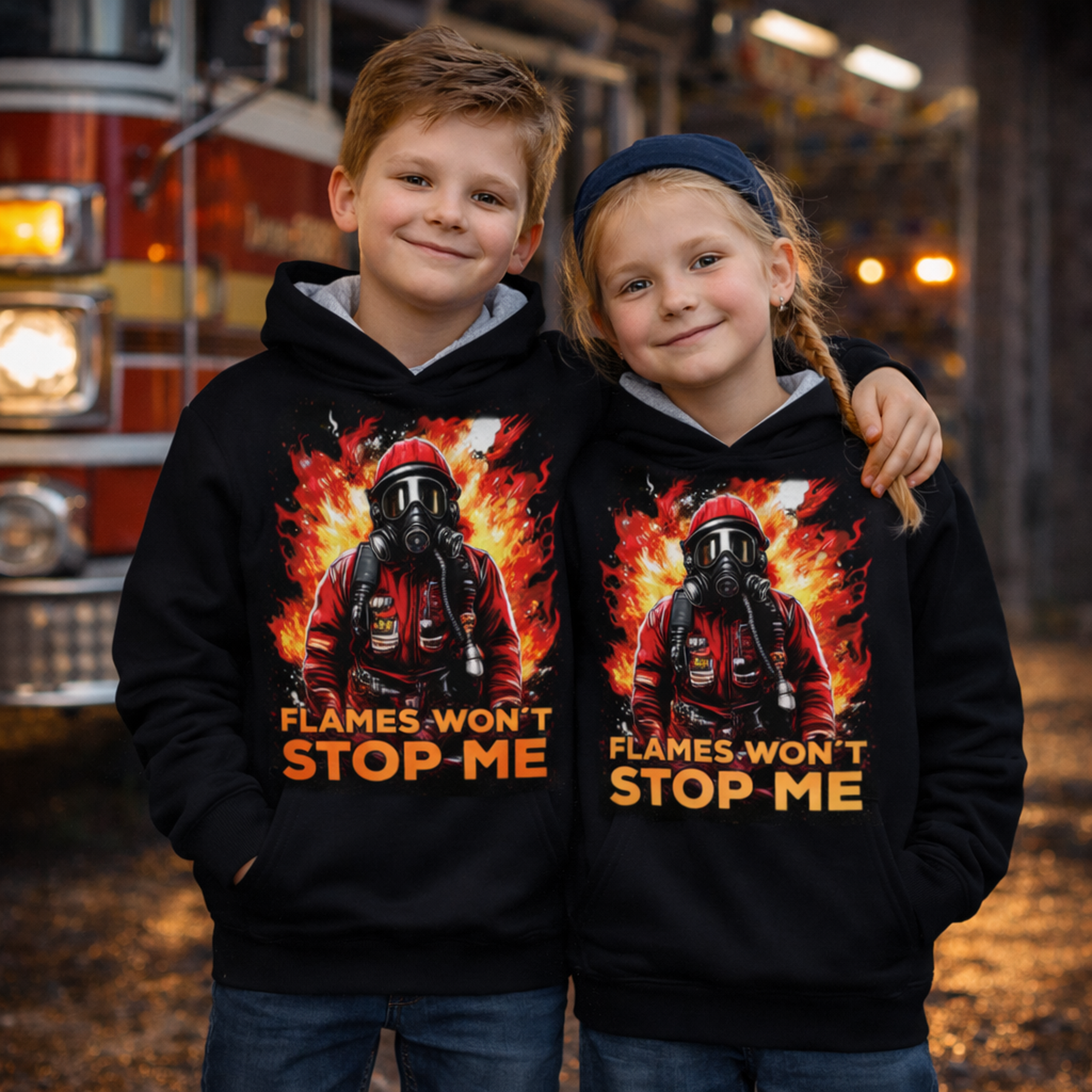 Feuerwehr Hoodie Black Kids<Flames won´t stopp me>