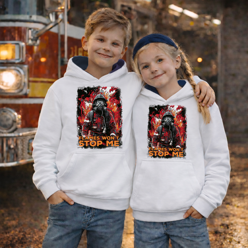 Feuerwehr Hoodie Weiss Kids<Flames won´t stopp me>