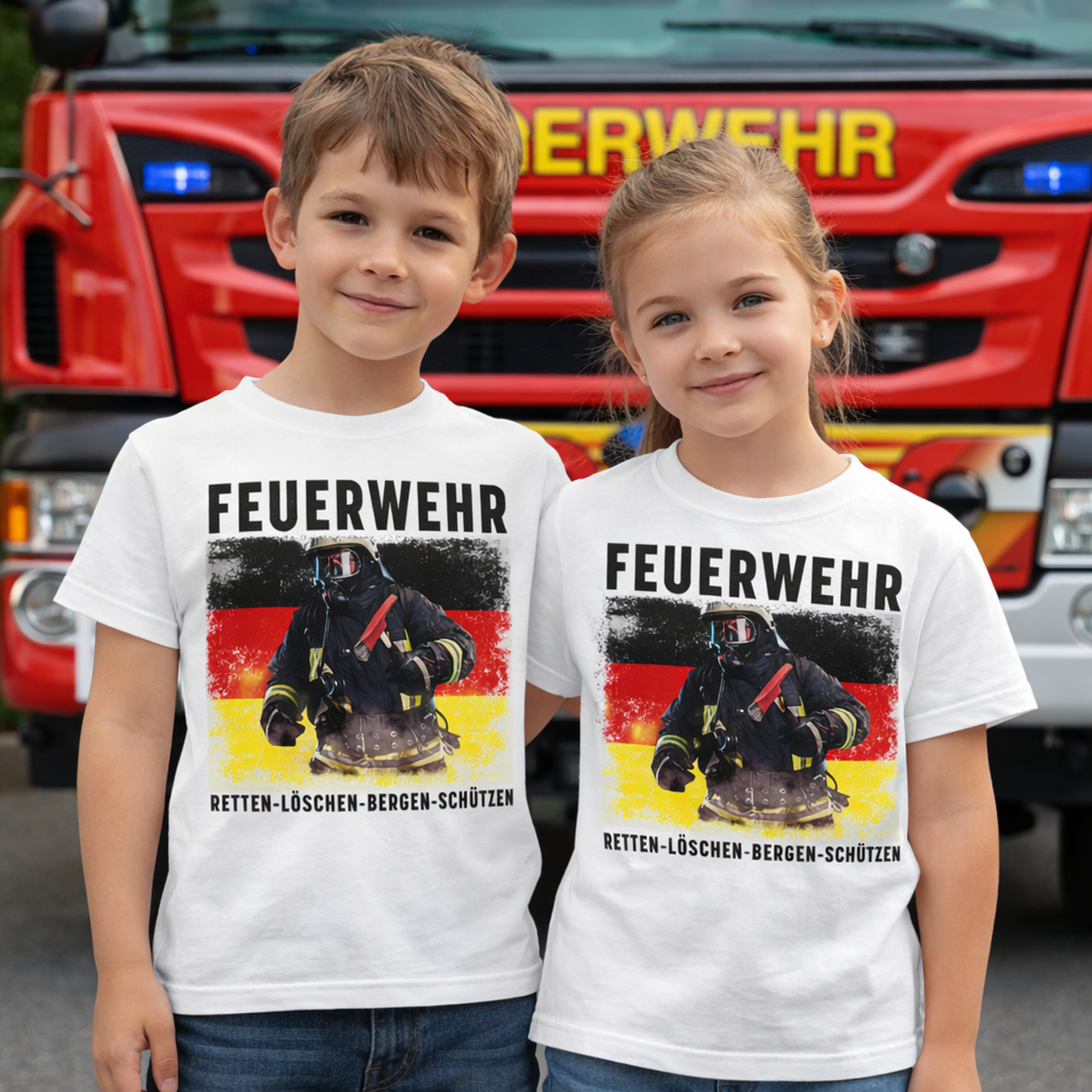 Feuerwehr Shirts Weiß Kids<Retten - Löschen - Bergen - Schützen>