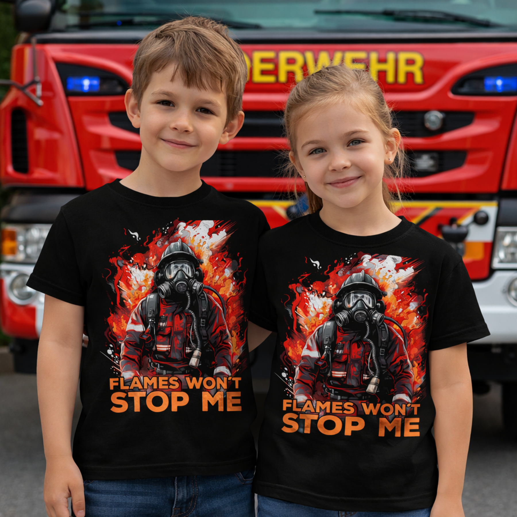 Feuerwehr Shirts Schwarz Kids<Flames won´t stop me>