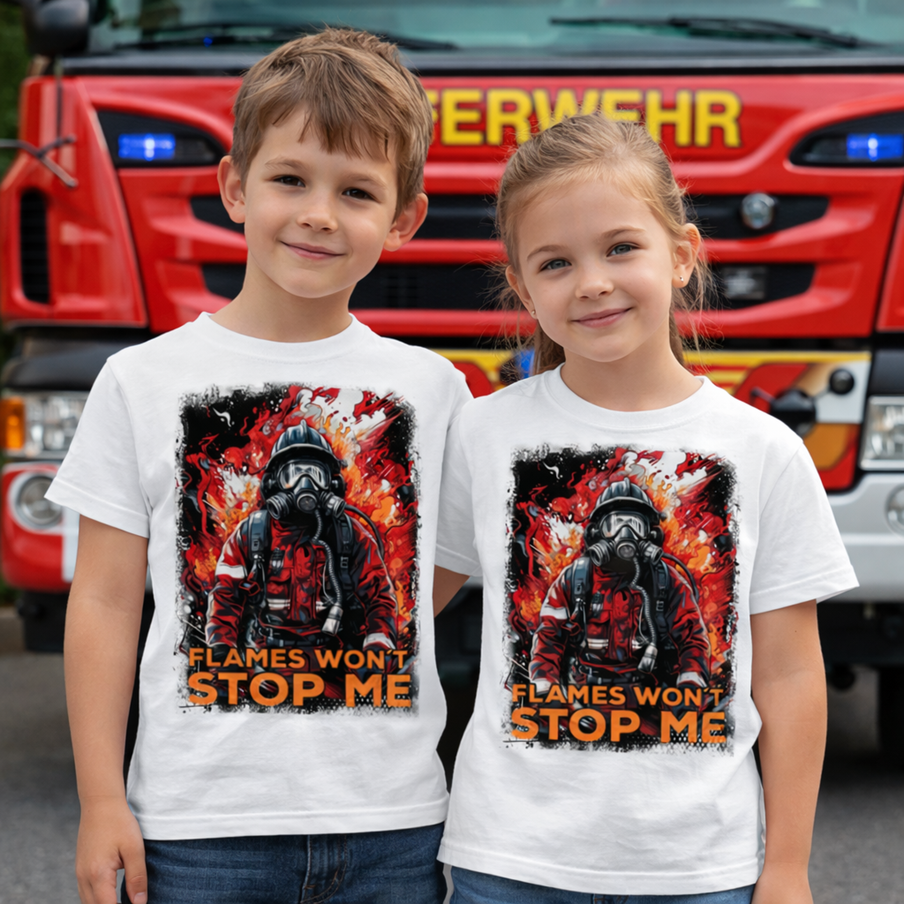 Feuerwehr Shirts Weiß Kids<Flames won´t stop me>