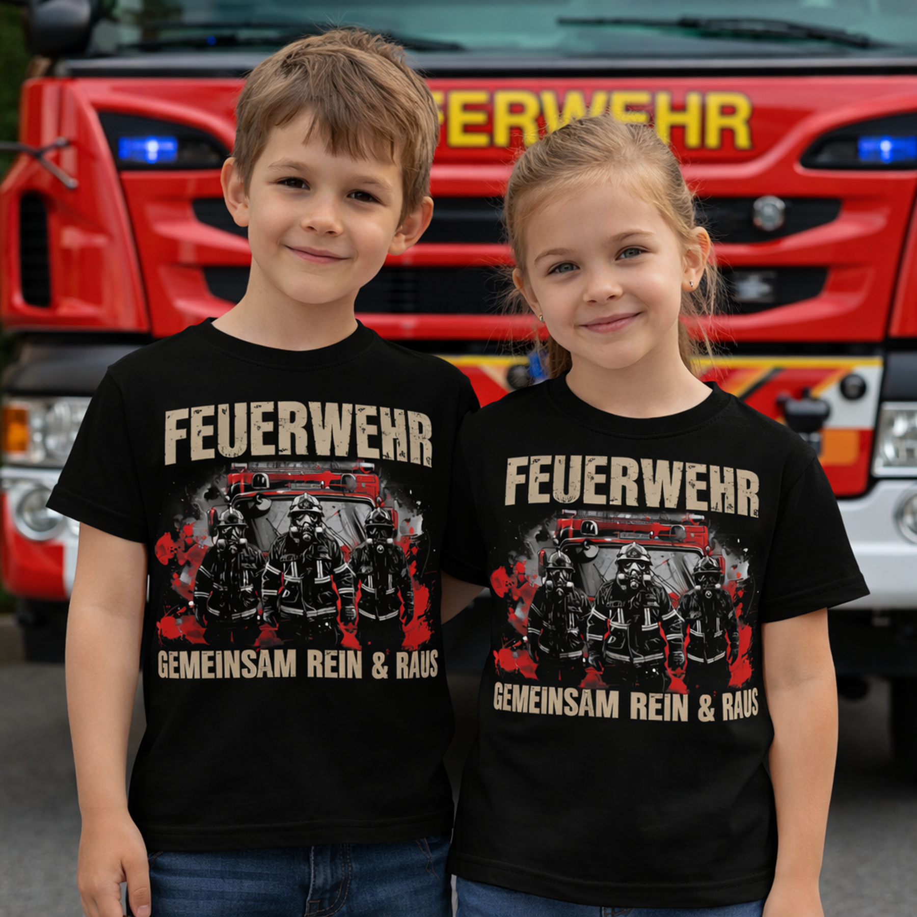Feuerwehr Shirts Schwarz Kids<Gemeinsam rein - Gemeinsam raus>
